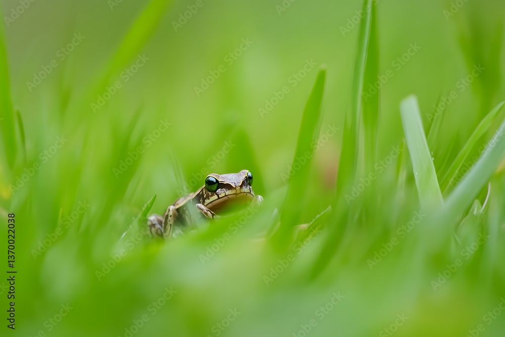 Obraz premium Small frog nestled among vibrant green grass blades, eye contact