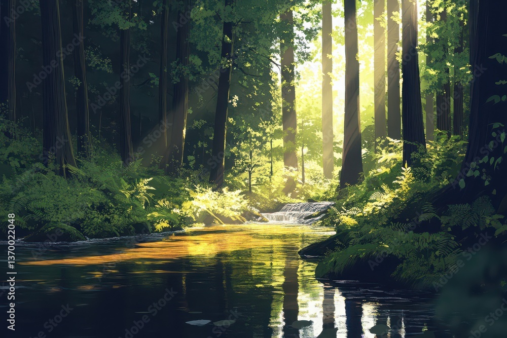 Obraz premium A serene forest scene with sunlight streaming through the trees and reflecting on the water surface transparent background