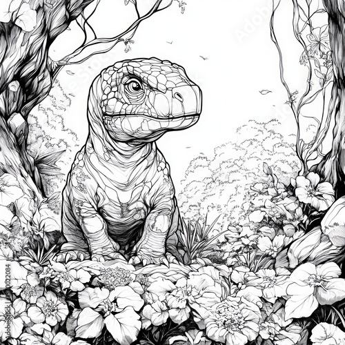 Detailed black and white coloring book illustration of a cute baby dinosaur sitting in a lush flower forest with trees and blooming plants for kids and adults to color