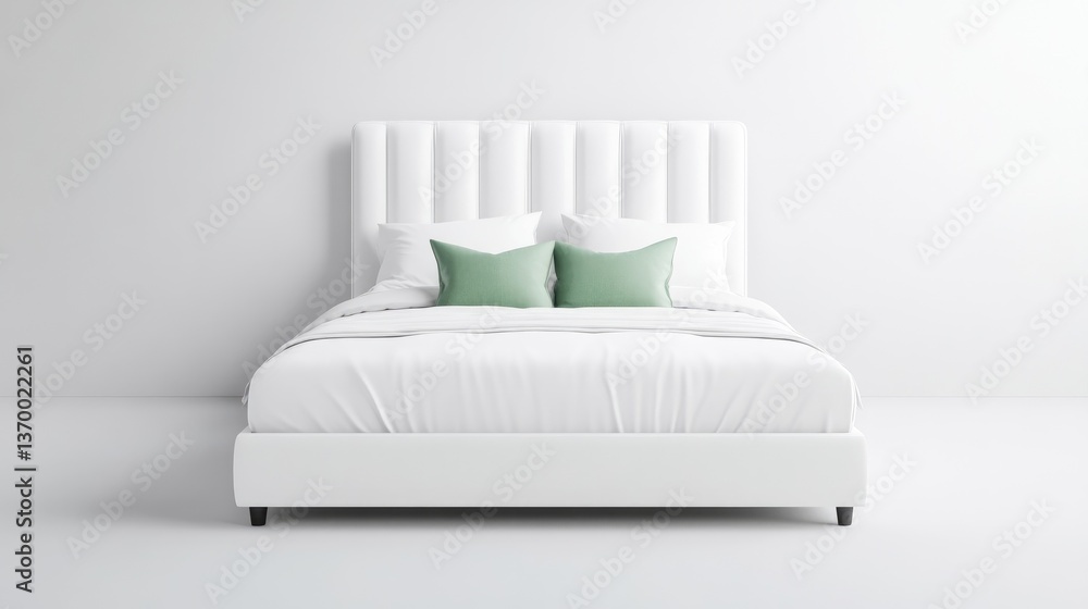 Sleek white bed with sage green accent pillows in a minimalist bedroom setting Sleek white bed with sage green accent pillows in a minimalist bedroom setting
