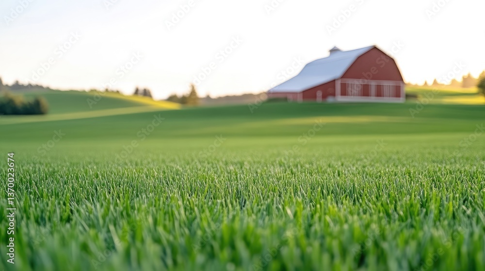 Lush green field with a red barn in the distance Lush green field with a red barn in the distance