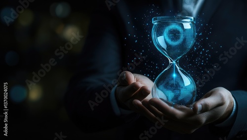 Time management, digital hourglass in hands