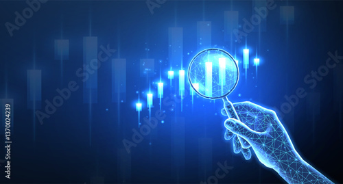 Hand with magnifying glass and stock chart