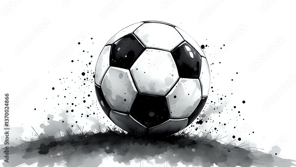 Fototapeta premium black and white soccer ball with ink splatter, artistic sports illustration on white background