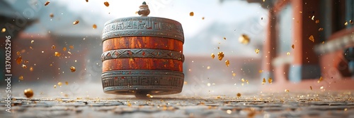 A softly spinning Tibetan prayer wheel surrounded by a haze of floating golden dust particles creating a serene and meditative atmosphere