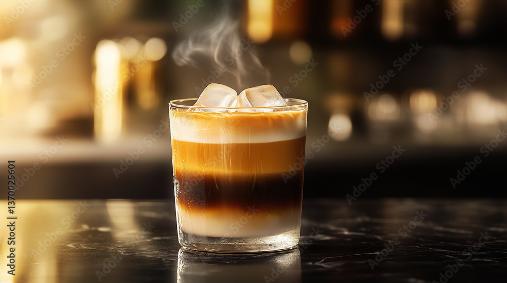 A minimalist high-end product photography shot of a ice bumble coffee (Bumblebee coffee). Orange coffee, tonic, coffee lemonade A minimalist high-end product photography shot of a ice bumble coffee (Bumblebee coffee). Orange coffee, tonic, coffee lemonade