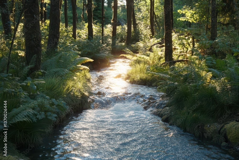 Obraz premium A stream flowing through a forest with sunlight filtering through the trees and lush vegetation transparent background