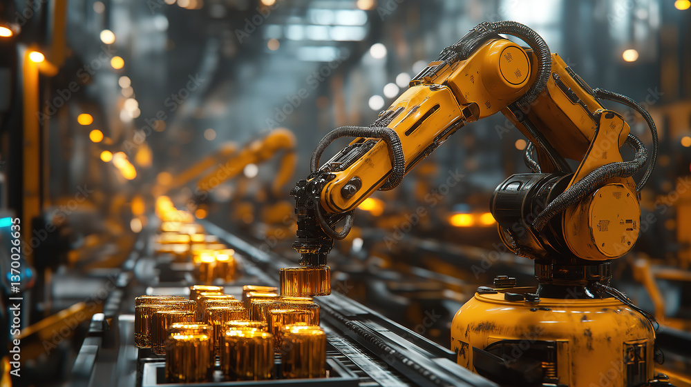 Robotic Arms in Factory Packaging Goods on Conveyor Belt for Streamlined Production Robotic Arms in Factory Packaging Goods on Conveyor Belt for Streamlined Production