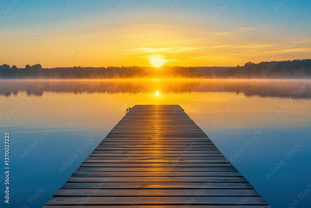 A wooden pier stretches into a calm lake reflecting the golden light of the rising sun at dawn time transparent background A wooden pier stretches into a calm lake reflecting the golden light of the rising sun at dawn time transparent background
