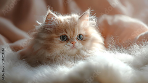 Cute fluffy kitten resting on soft blanket.