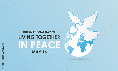 The International Day of Living Together in Peace is observed every year on May 16.Silhouette world map and doves flying into the air. Banner poster, flyer and background design template. Vector.