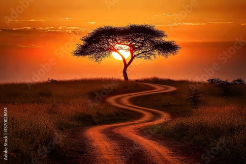 Fototapeta Naklejka Na Ścianę i Meble -  Serene sunset over African savanna. Winding road leads to solitary acacia tree