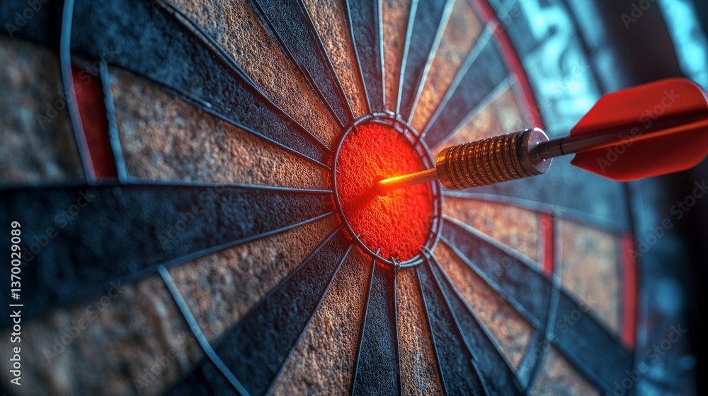 Dart hitting center of dartboard in indoor game during evening gathering with friends
