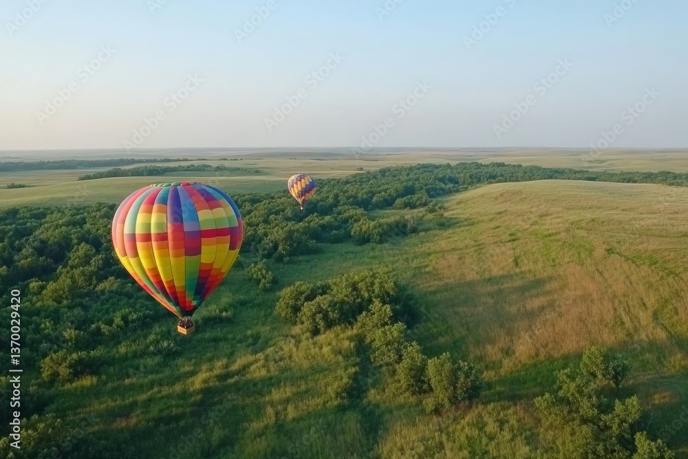 Naklejka premium Colorful Hot Air Balloons Over Lush Green Landscape at Sunrise