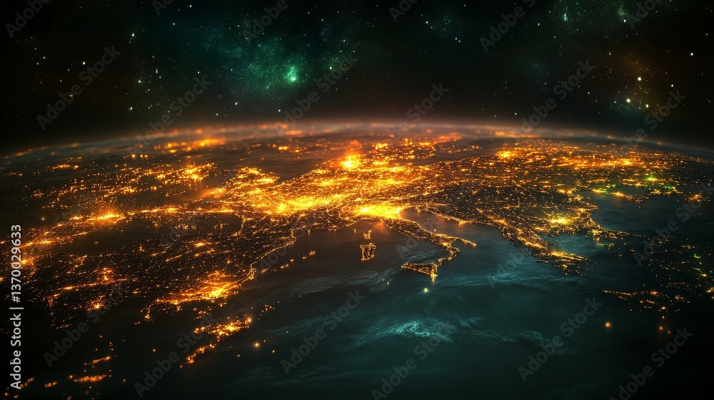 Illuminated cities of Europe captured from space at night showcasing vibrant lights and sprawling landscapes Illuminated cities of Europe captured from space at night showcasing vibrant lights and sprawling landscapes
