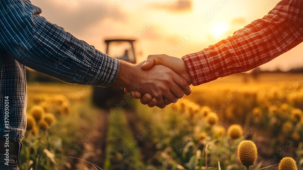 agribusiness handshake business deal agreement between businessman and farmer, purchase sell tractor farm machinery equipment, partnership cooperation collaboration in agriculture business.