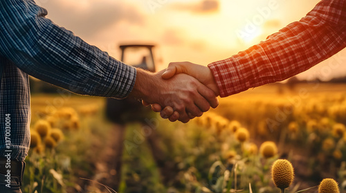Obraz na płótnie agribusiness handshake business deal agreement between businessman and farmer, purchase sell tractor farm machinery equipment, partnership cooperation collaboration in agriculture business. w salonie