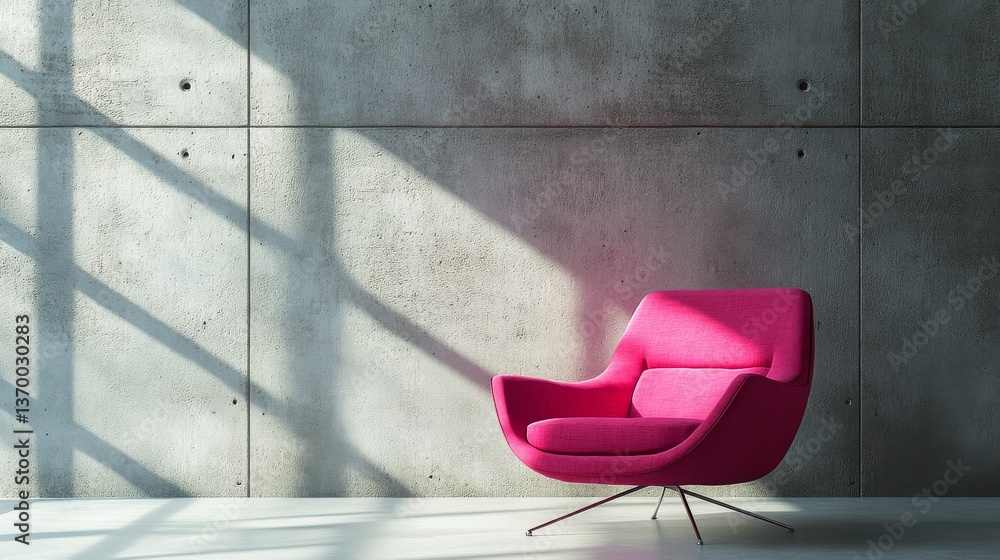 Modern pink chair positioned against a concrete wall in an elegantly lit room