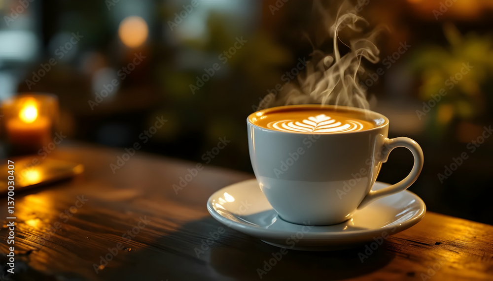 Obraz premium Cozy Latte with Intricate Art on Wooden Table and Warm Lighting