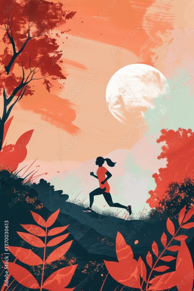 Fototapeta premium Celebrating world run day with nature-inspired artwork of a runner in abstract landscape. Vertical banner. Copy space. Flat illustration. Healthy lifestyle, fitness