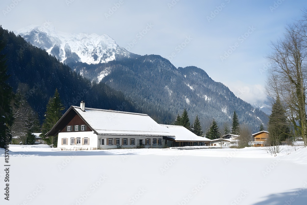 Snowy house, mountains, trees. Crisp, winter day in rural setting Snowy house, mountains, trees. Crisp, winter day in rural setting