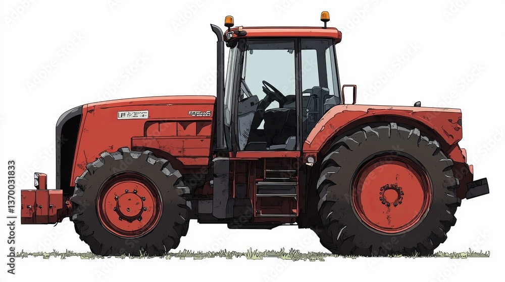 Obraz premium Vector tractor on white background, flat isolated illustration of red tractor, icon of farm transport, vector art for children