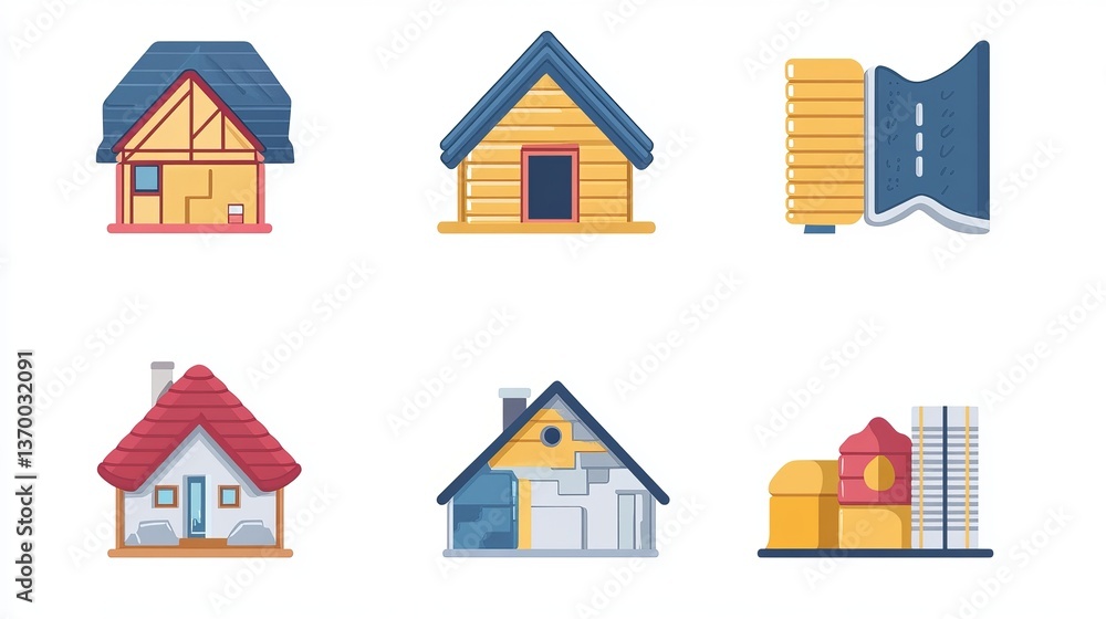 Fototapeta premium House insulation line icons. Warm insulation materials for walls and ceiling, home renovation and construction. Vector flat set of roof rockwool and thermal icon illustration
