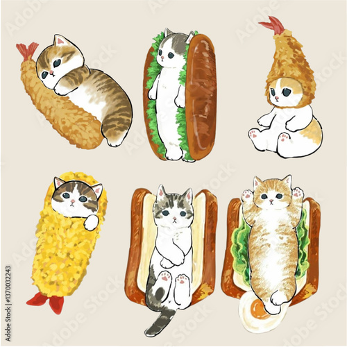 cat and Desserts,food ,vetgetable,fruit illustration