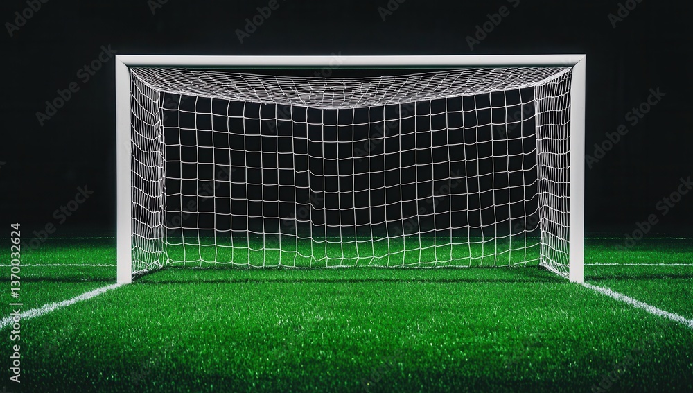 Fototapeta premium Soccer Goal Structure with Net on Lush Green Field at Night