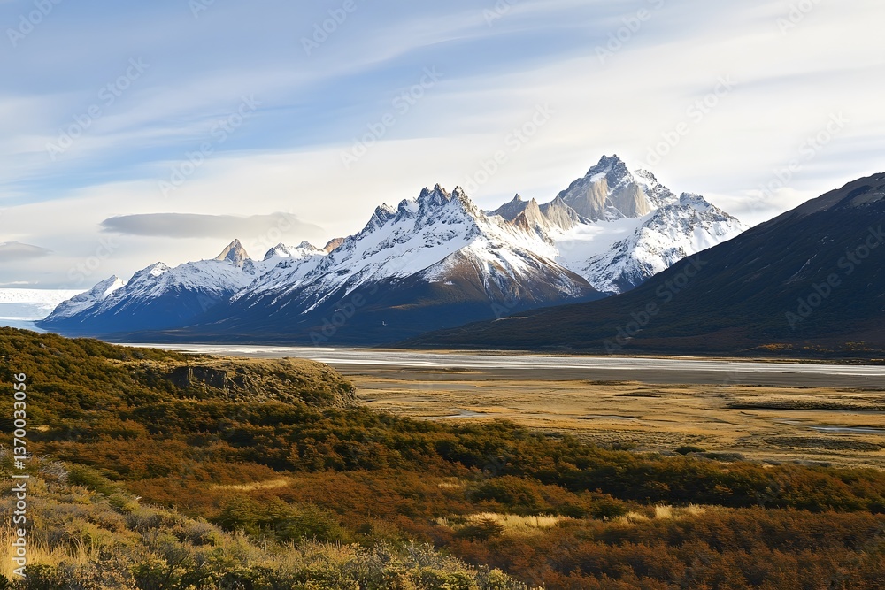 Fototapeta premium Snowy mountains beyond river plain under sunny sky. Wild nature