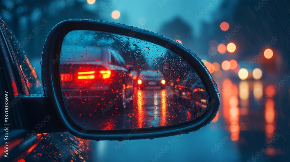 Rainy evening traffic captured in a side mirror reflecting city lights and vehicles during a downpour