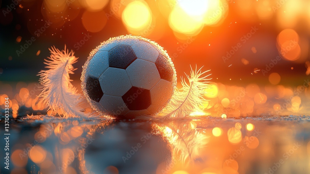 Fototapeta premium Frozen soccer ball with feathers at sunset