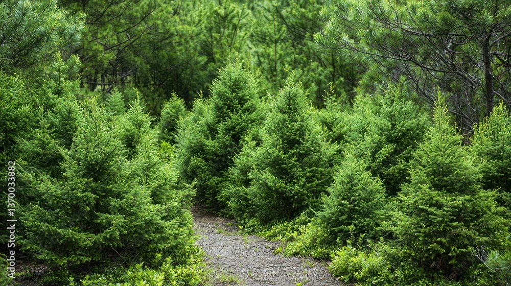 A dense growth of coniferous shrubs lining a hiking path, surrounded by larger trees and forest undergrowth. A dense growth of coniferous shrubs lining a hiking path, surrounded by larger trees and forest undergrowth.