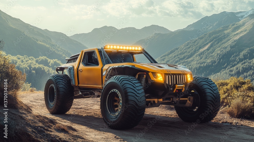 Off-road vehicle navigating rugged terrain in mountainous landscape under golden sunlight