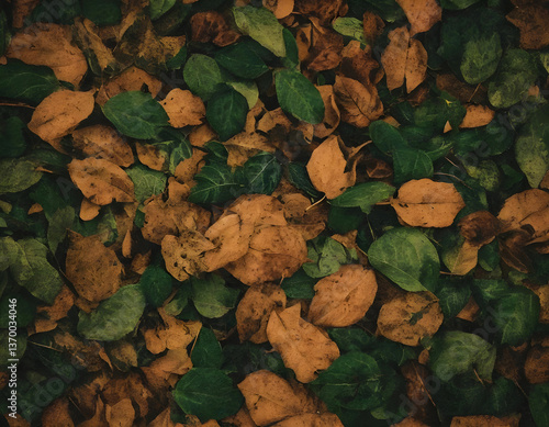 오래된 느낌의 나뭇잎이 바닥에 쌓여 있는 사진