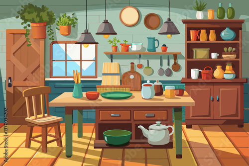 vector of wooden rustic kitchen table. minimalistic interior, utencils on the table