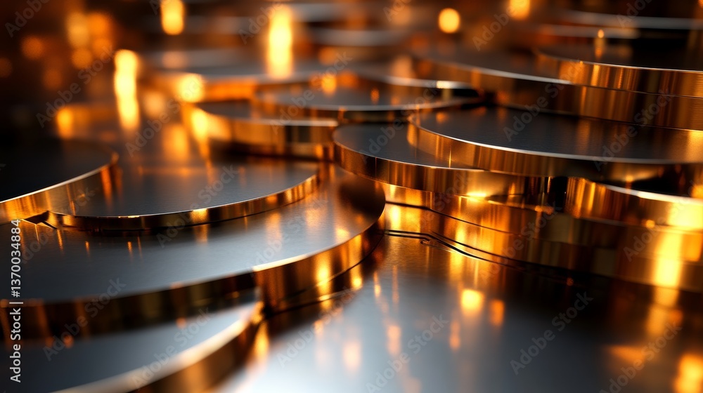 Golden metallic layers shimmer under soft light in an abstract composition