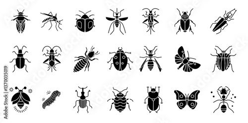 Insects icon set. Signs of a variety of insects, butterflies, pests and parasites. Pest control. Vector illustration