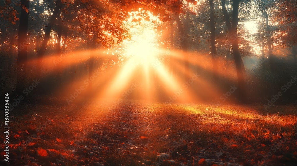 Sunlight streams through trees in a peaceful forest during autumn, creating a warm and serene atmosphere