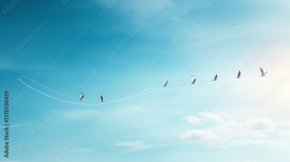 Fototapeta premium Birds Flying in a Blue Sky with Soft White Clouds and Trails