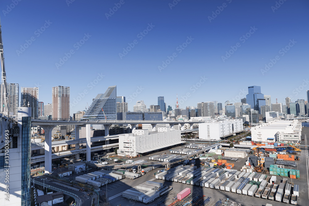 Fototapeta premium レインボーブリッジ芝浦ふ頭側から見た港区側の風景