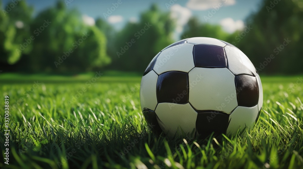 Fototapeta premium Soccer ball resting on lush green grass in a sunny park