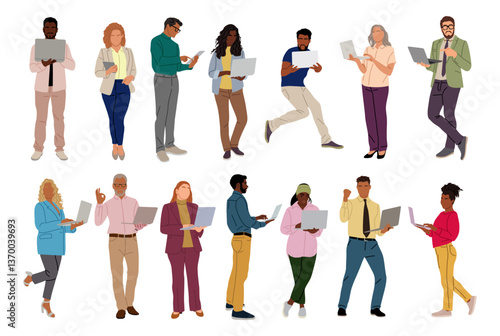 Set of business people standing with laptop. Modern men and women different ages, races, body types working on computer. Internet technology concept. Vector illustrations isolated