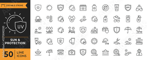 Sun & Protection icon set. Contains icons sunscreen, ultraviolet, sunglasses, SPF protection, umbrella, sunburn, sun hat and more. editable stroke. vector illustration