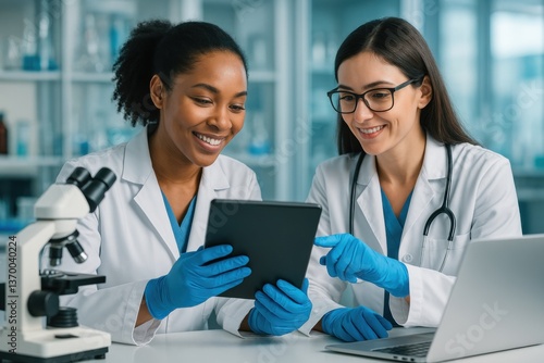 Science of Collaboration: Two female scientists collaborate in a modern lab, examining data on a digital tablet with a blend of technology, research and determination