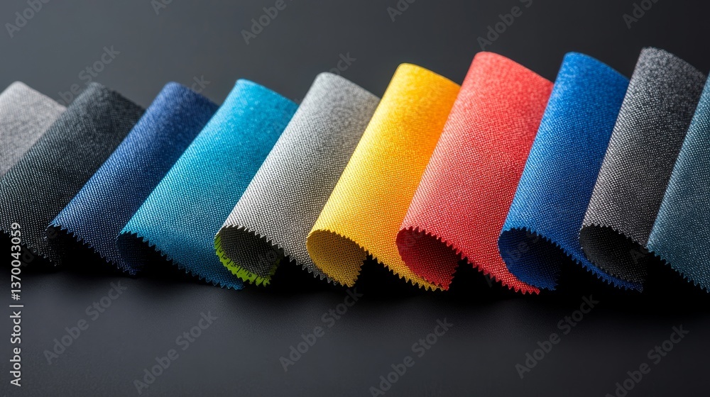 Colorful Textile Samples Displayed in a Row on Dark Background Colorful Textile Samples Displayed in a Row on Dark Background