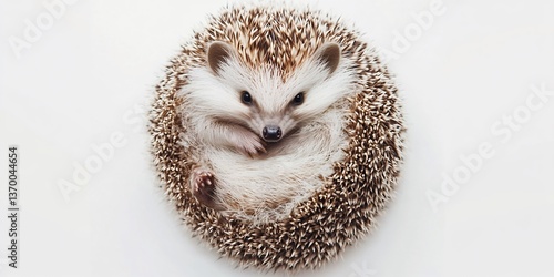 A little hedgehog curled up in a cozy ball, set against a bright white background. 