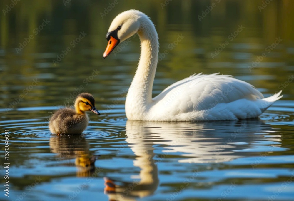 A swan and duckling swim together, reflecting love, contrast, and tranquility. A swan and duckling swim together, reflecting love, contrast, and tranquility.