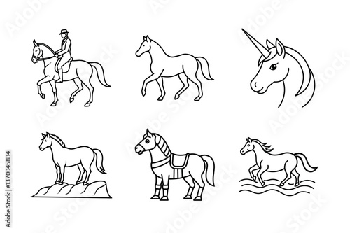 Vector Line Art Collection of Horses and a Unicorn