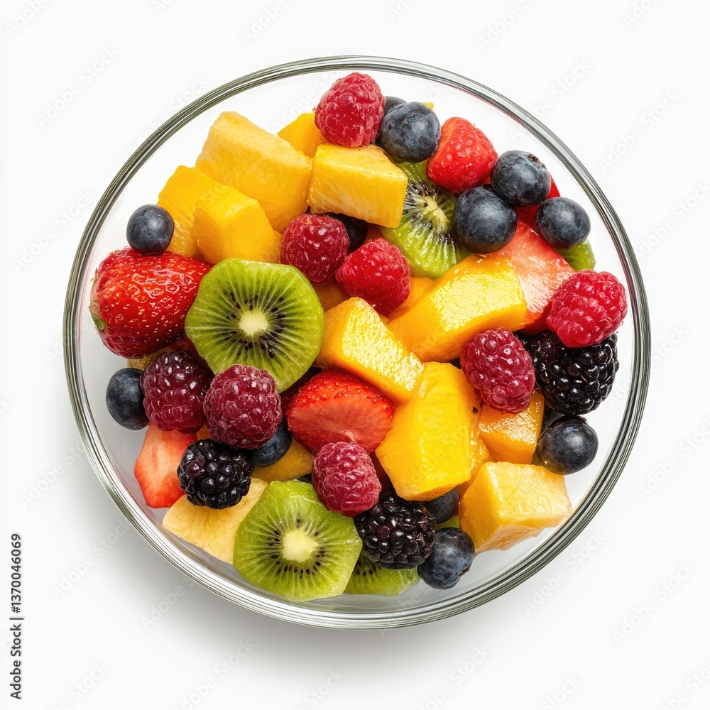 Top view of colorful fruit salad in glass bowl isolated white background healthy snack concept Top view of colorful fruit salad in glass bowl isolated white background healthy snack concept